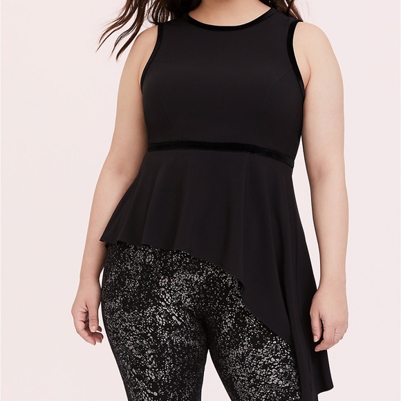 torrid Tops - Torrid Black Crepe & Velvet Trim Asymmetrical Peplum Top Blouse Size 12 or 0